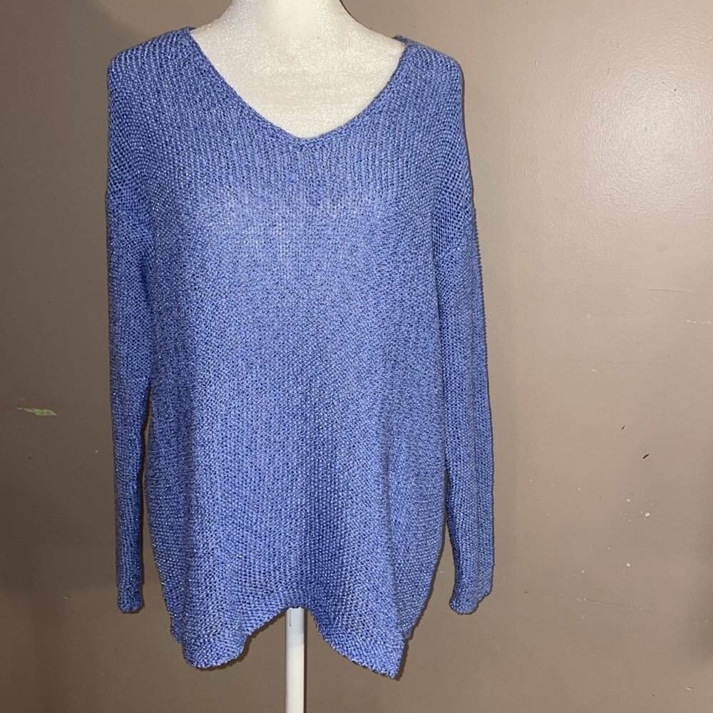 J Jill Solid Blue V-Neck Sweater Loose Knit Cotton Blend Long Sleeve Sz S
